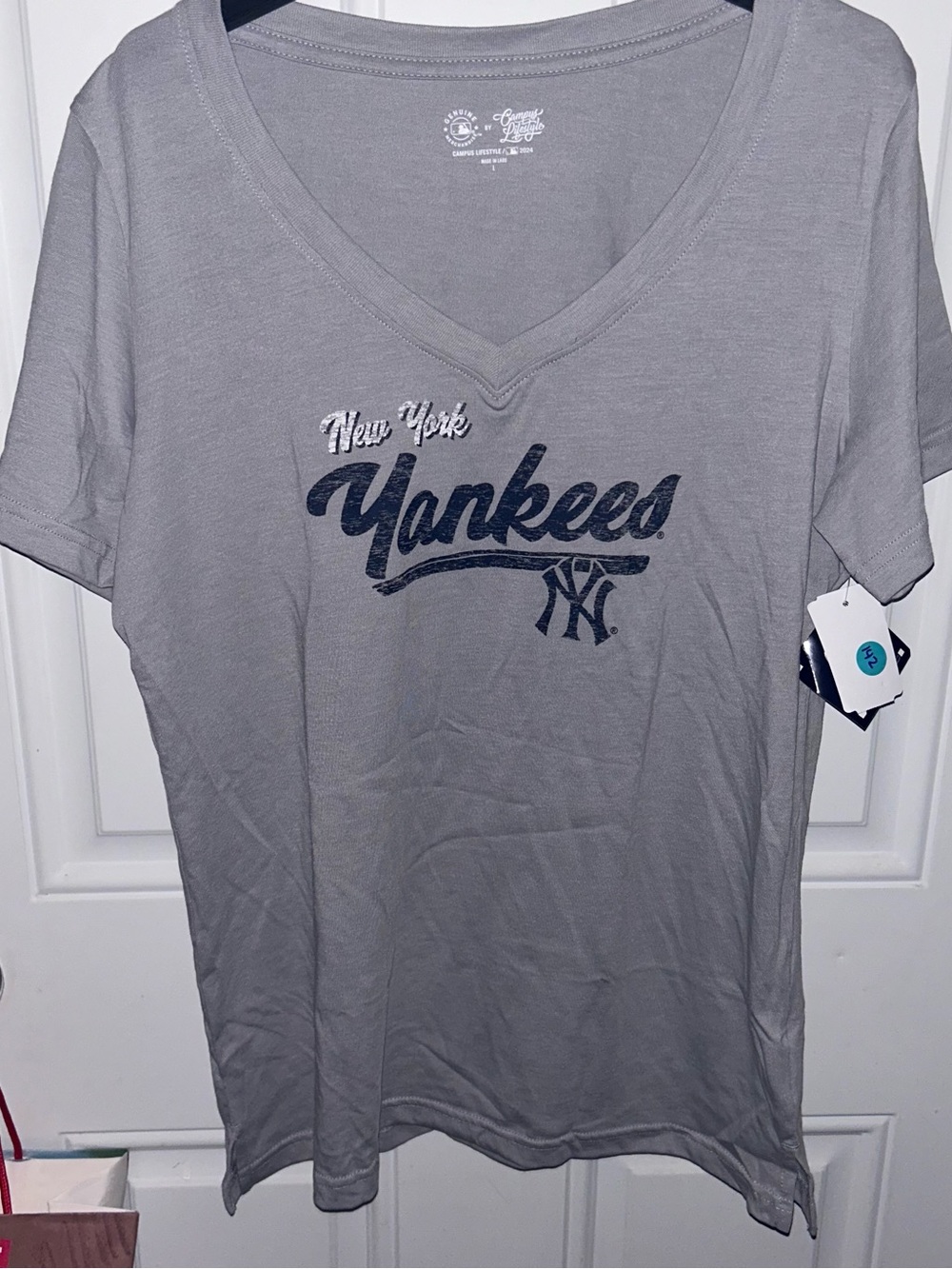 MLB New York Yankees Gray V-Neck Tee with Navy Script